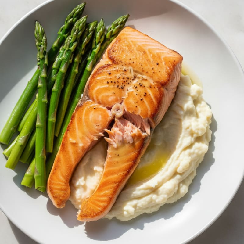 Seared Salmon with Steamed Asparagus and Cauliflower Mash