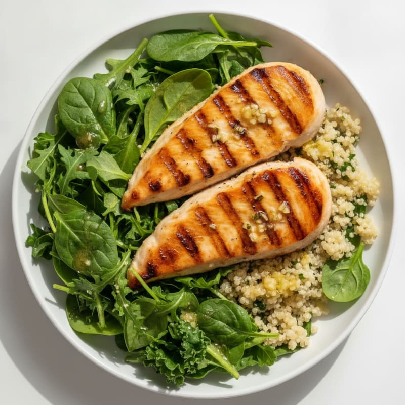 Grilled Lemon-Garlic Chicken Breast with Quinoa and Mixed Greens