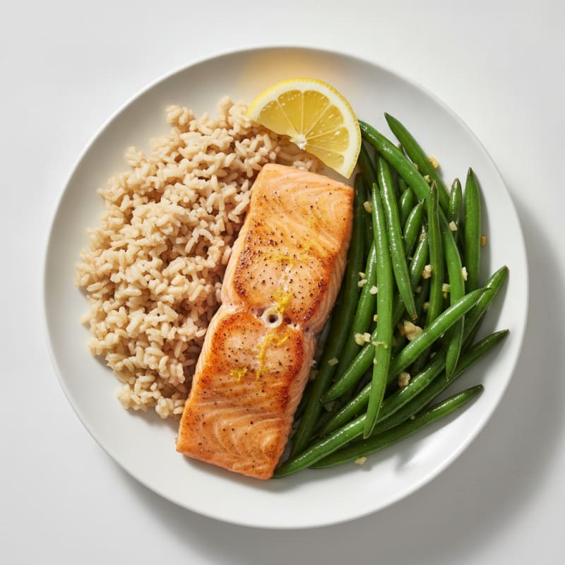 Seared Salmon with Garlic Green Beans and Brown Rice