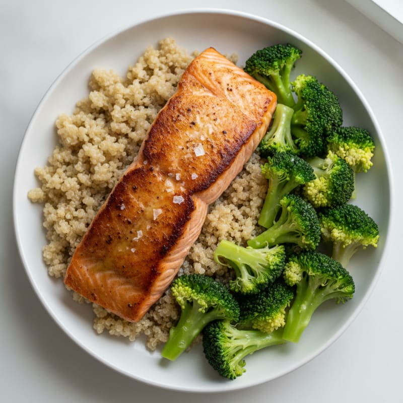 Seared Salmon with Steamed Broccoli and Quinoa