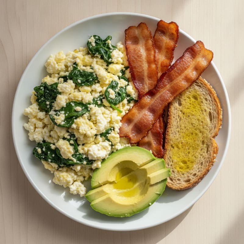 Cottage Cheese Scramble with Spinach and Turkey Bacon