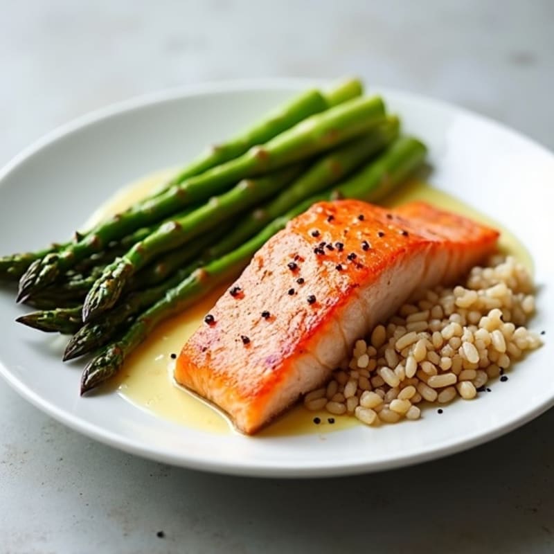 Seared Salmon with Steamed Asparagus and Brown Rice