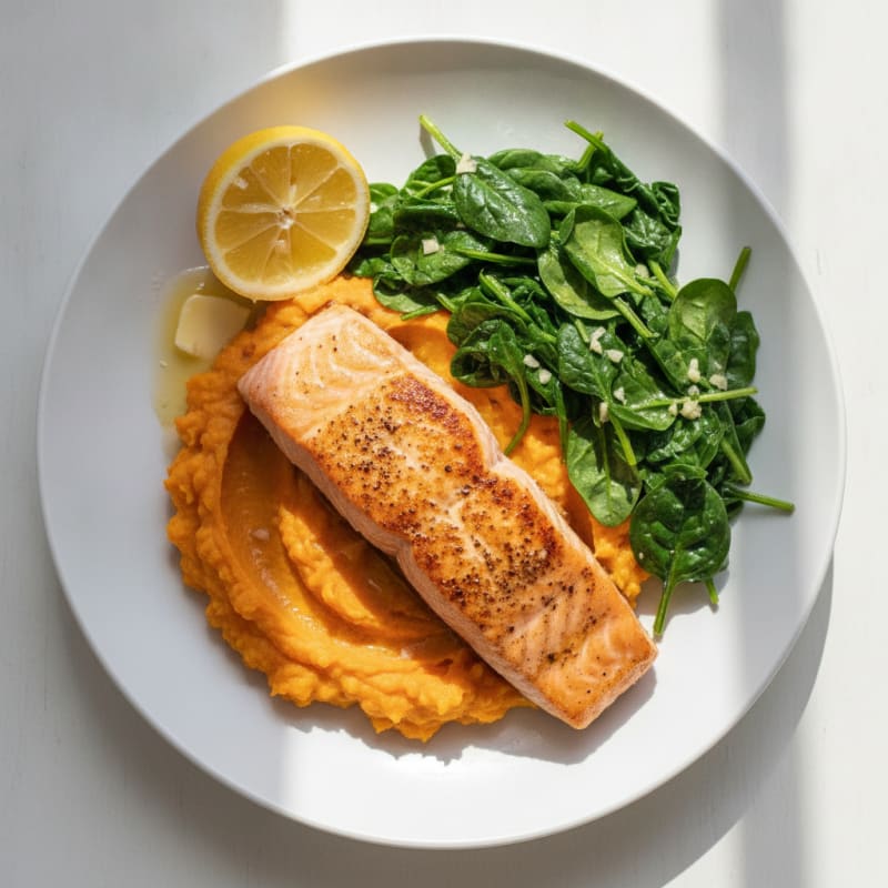 Seared Salmon with Garlic Spinach and Sweet Potato Mash