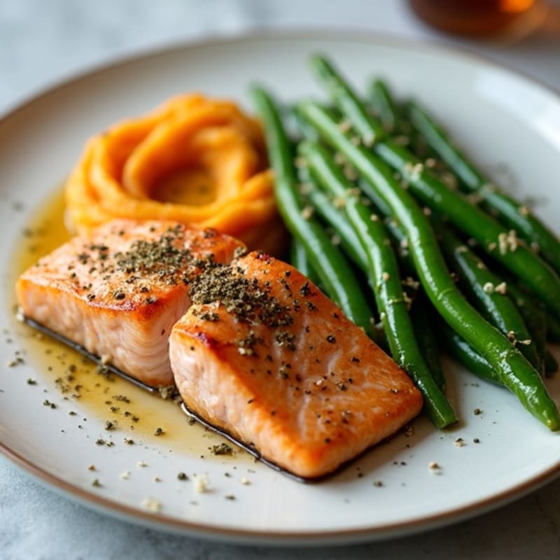 Seared Salmon with Garlic Green Beans and Sweet Potato Mash