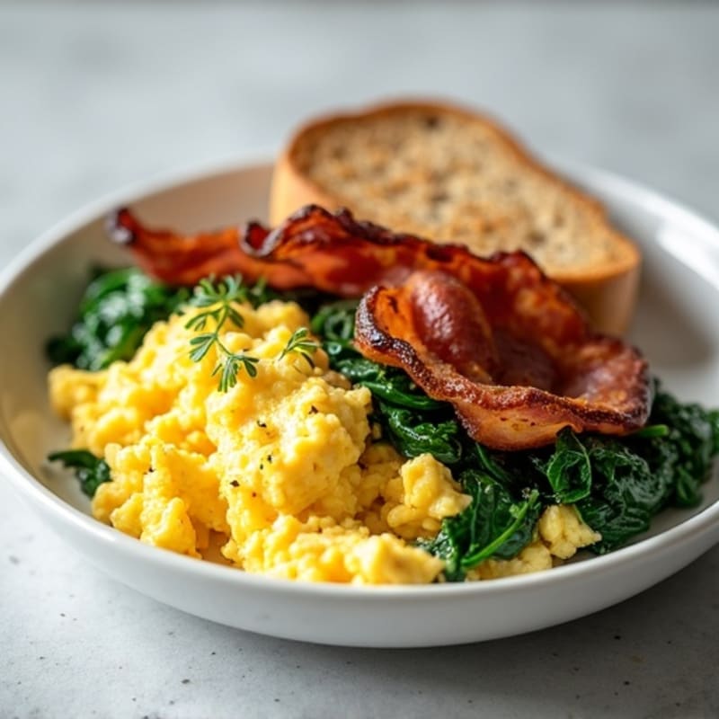 Scrambled Egg Whites with Sautéed Spinach and Turkey Bacon