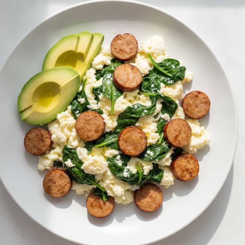 Egg White Spinach Scramble with Turkey Sausage