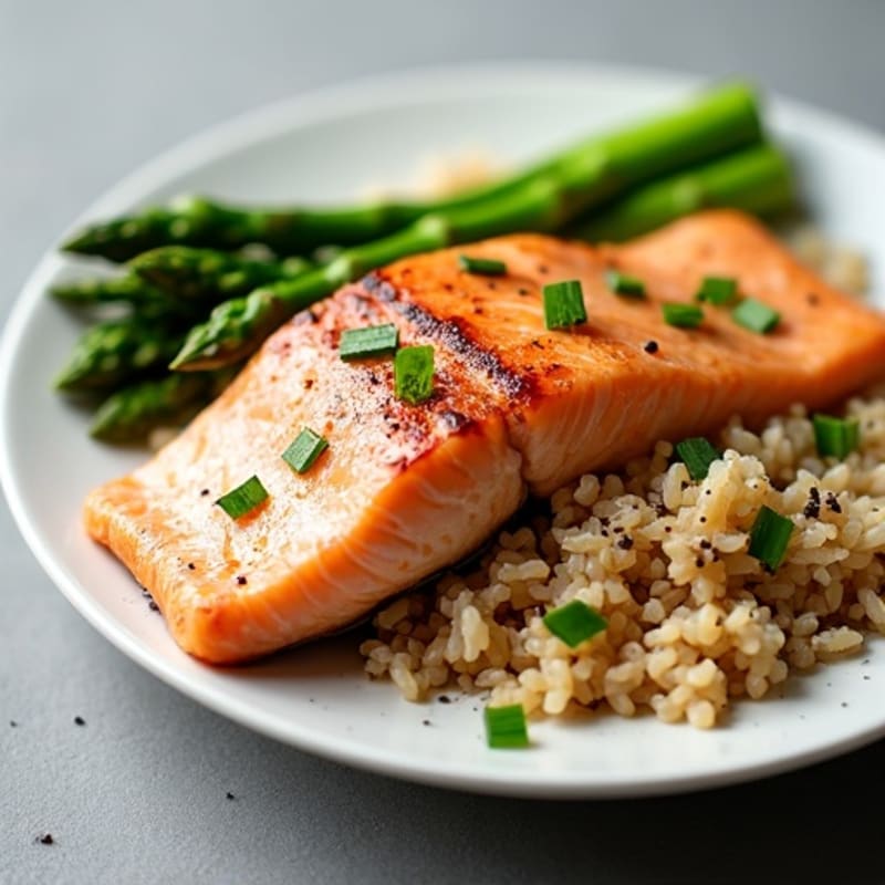 Seared Salmon with Steamed Asparagus and Brown Rice