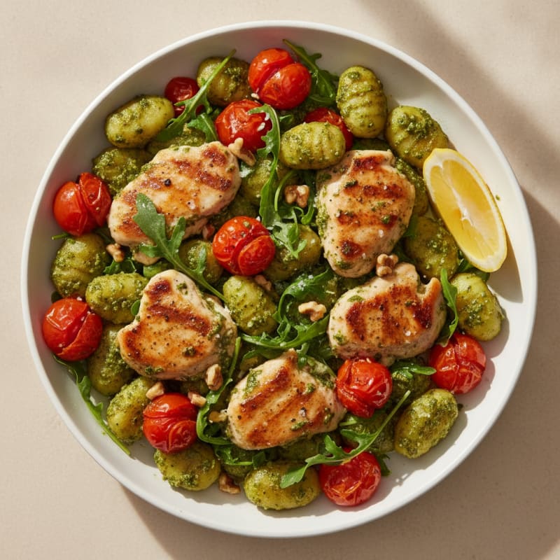 Gnocchi with Arugula Pesto and Cherry Tomatoes