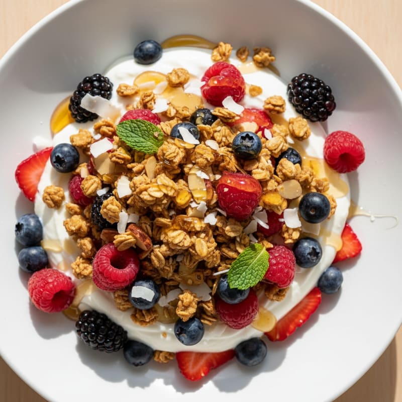 Creamy Greek Yogurt Parfait with Mixed Berries and Almond Butter Granola
