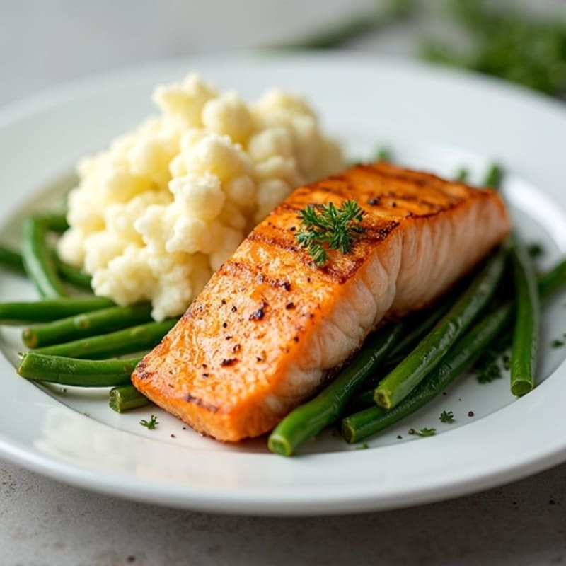 Seared Salmon with Garlic Green Beans and Mashed Cauliflower