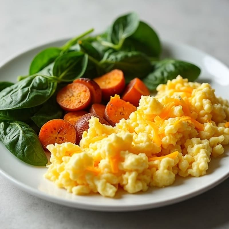 Creamy Scrambled Eggs with Roasted Sweet Potatoes and Fresh Spinach