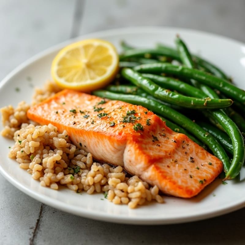 Baked Salmon with Garlic Green Beans and Brown Rice