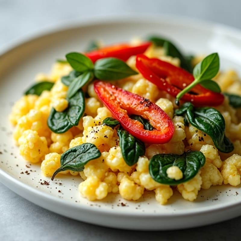 Fluffy Egg White and Spinach Scramble with Roasted Bell Peppers