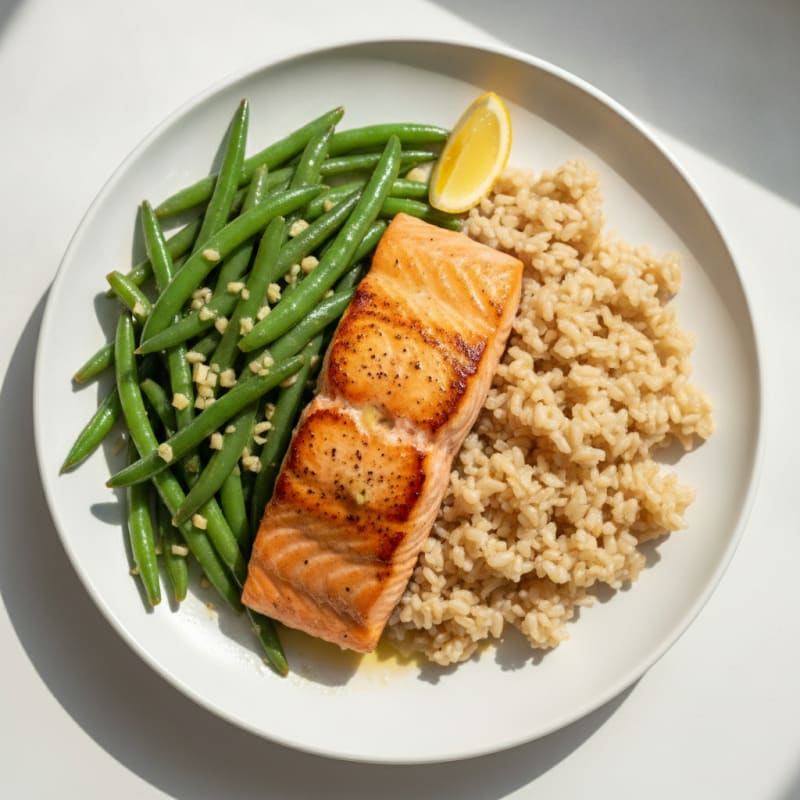 Seared Salmon with Garlic Green Beans and Brown Rice