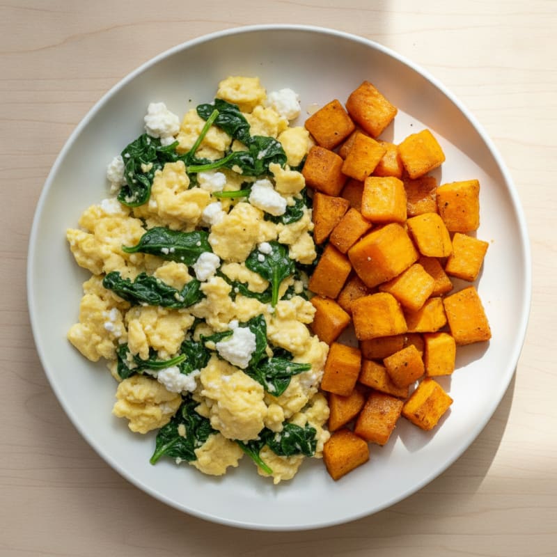 Cottage Cheese Egg Scramble with Spinach and Roasted Sweet Potato