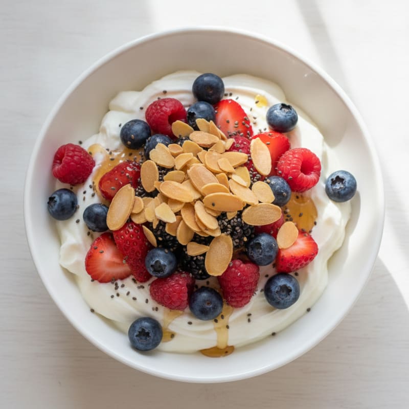 Greek Yogurt Protein Parfait with Mixed Berries and Almonds
