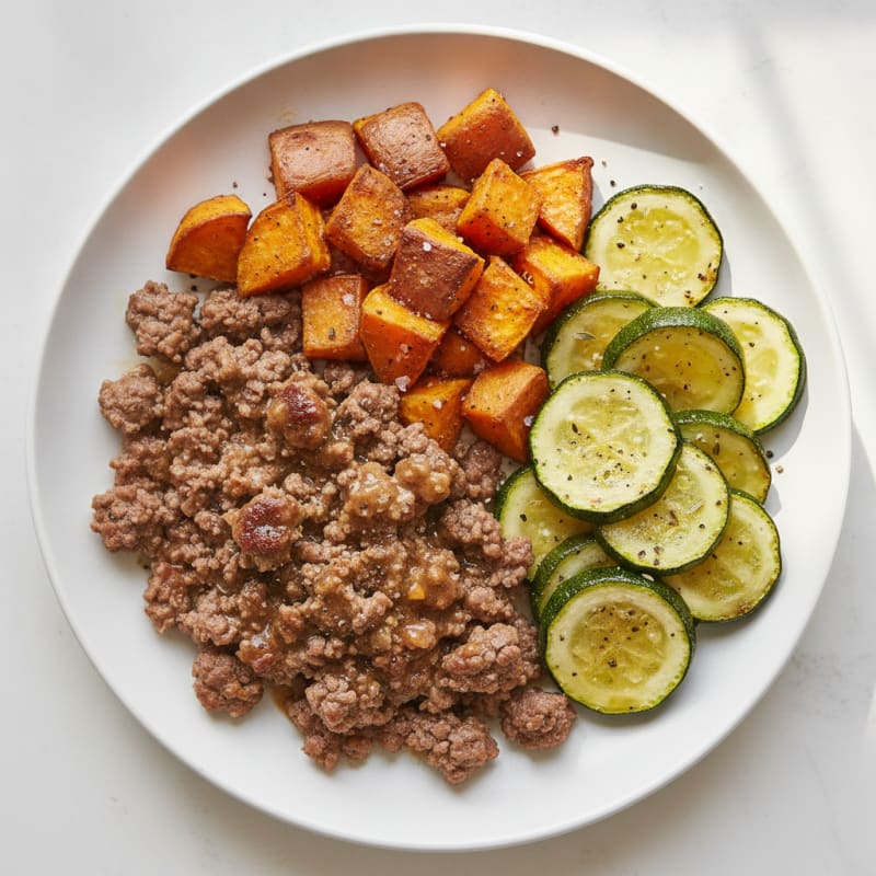 Ground Beef with Roasted Sweet Potatoes and Zucchini