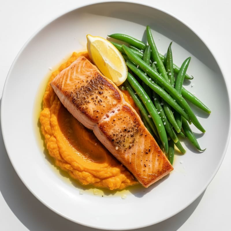 Seared Salmon with Steamed Green Beans and Sweet Potato Mash