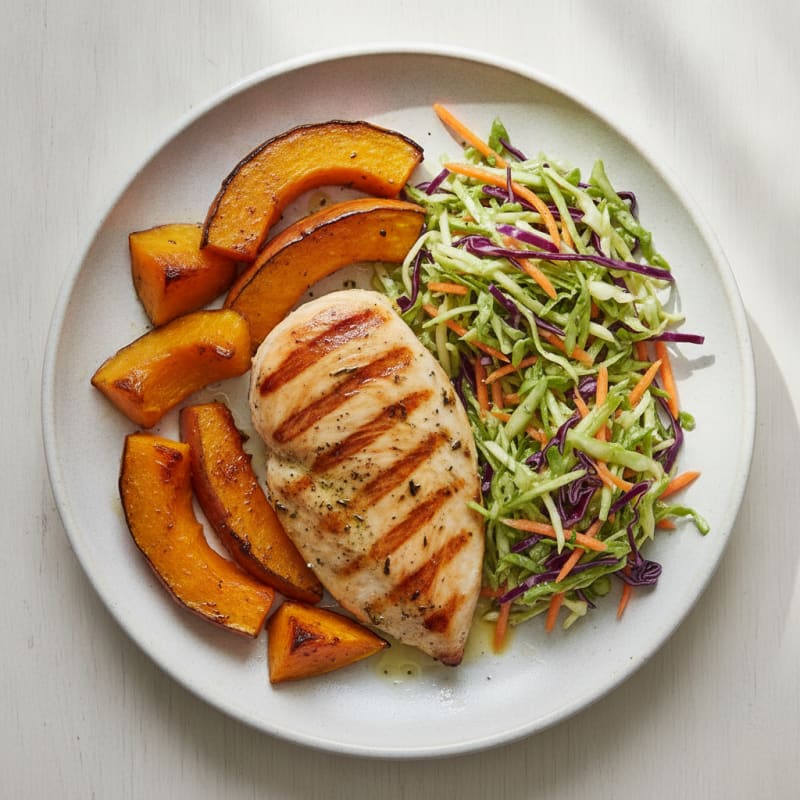 Grilled Chicken Breast with Roasted Pumpkin and Cabbage Slaw