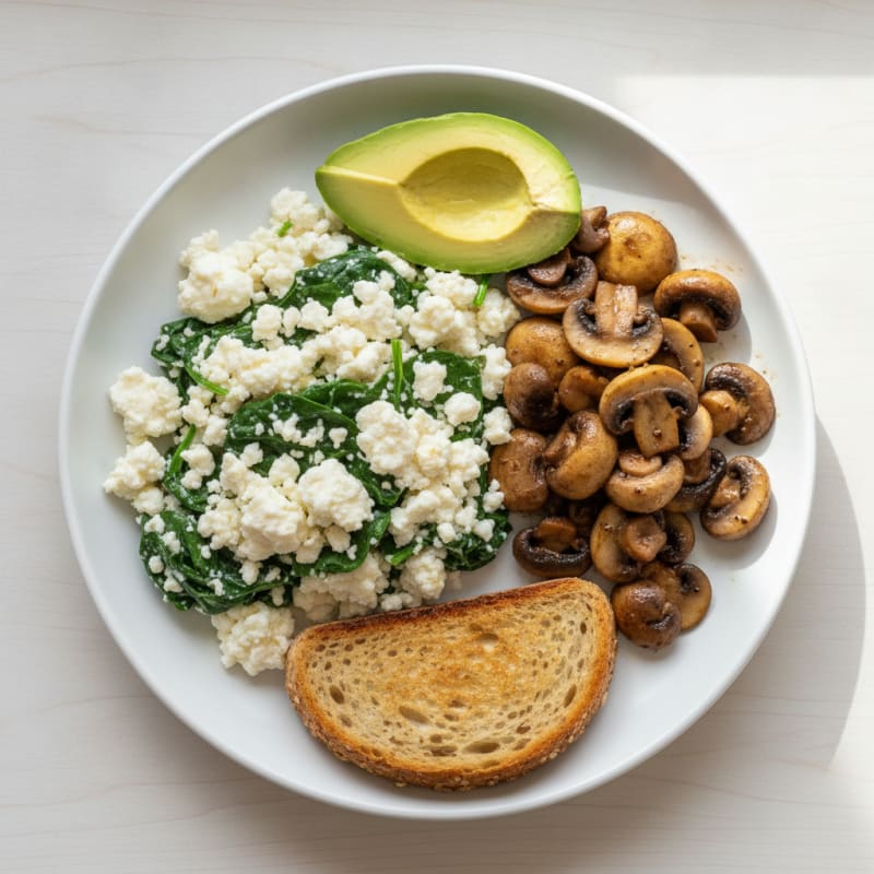 Egg White and Spinach Scramble with Cottage Cheese and Sautéed Mushrooms