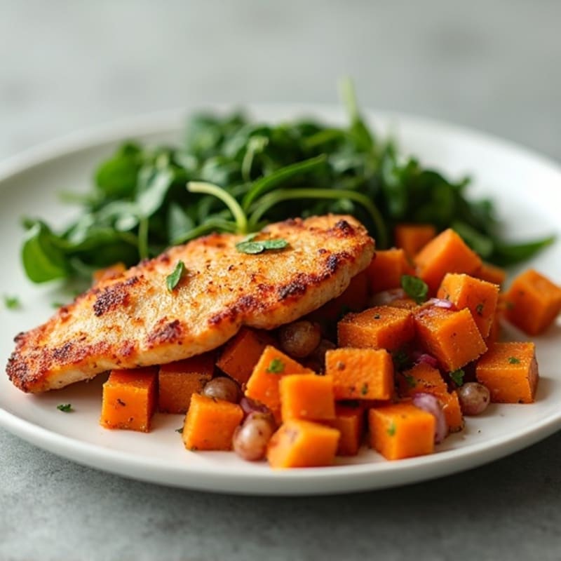 Crispy Sweet Potato and Chicken Hash with Sautéed Spinach