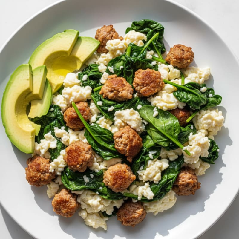 Egg White Scramble with Turkey Sausage and Sautéed Spinach