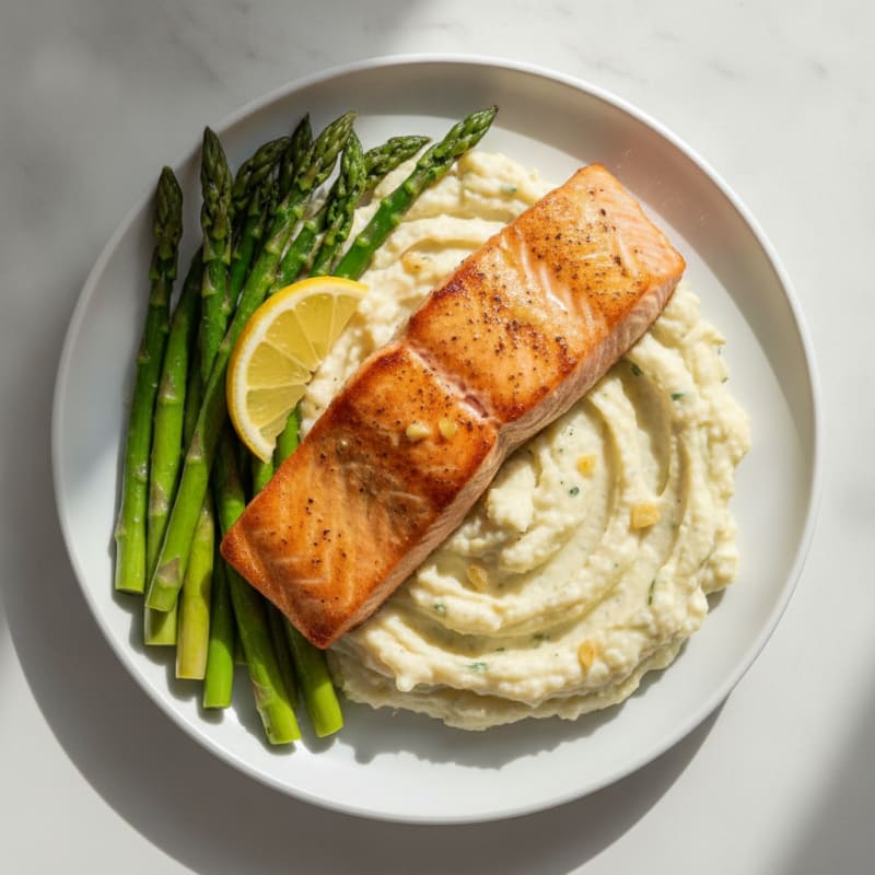 Seared Salmon with Steamed Asparagus and Garlic Cauliflower Mash