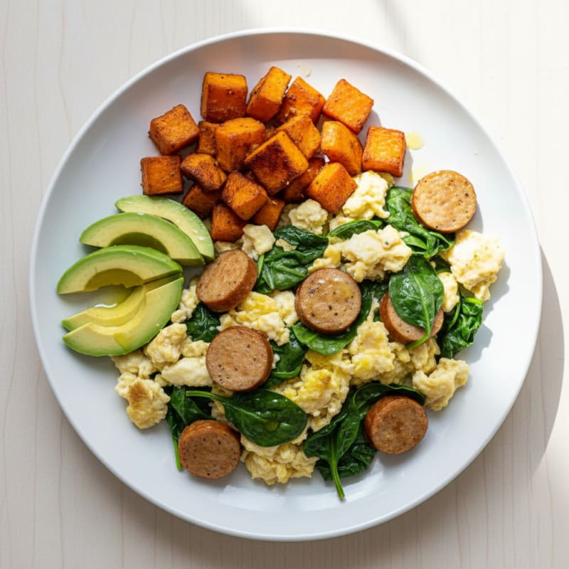 Egg White Scramble with Chicken Sausage and Spinach