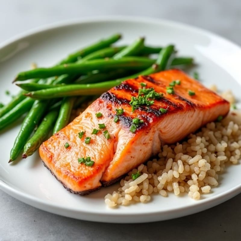 Seared Salmon Fillet with Steamed Green Beans and Brown Rice