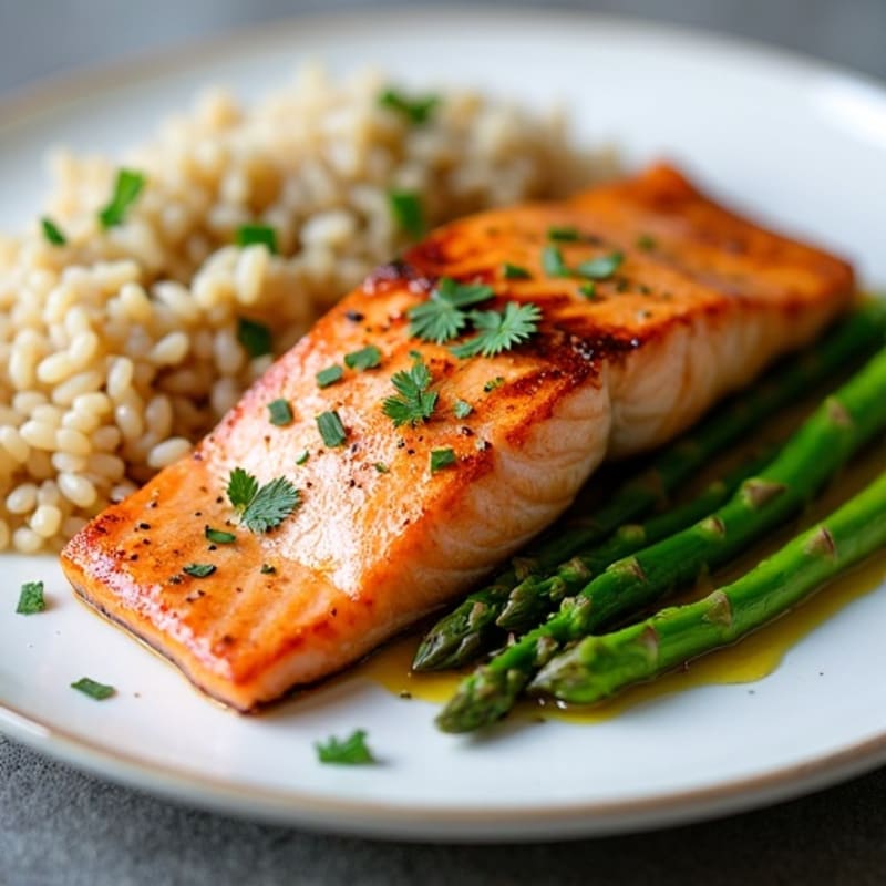 Seared Salmon Fillet with Steamed Asparagus and Brown Rice