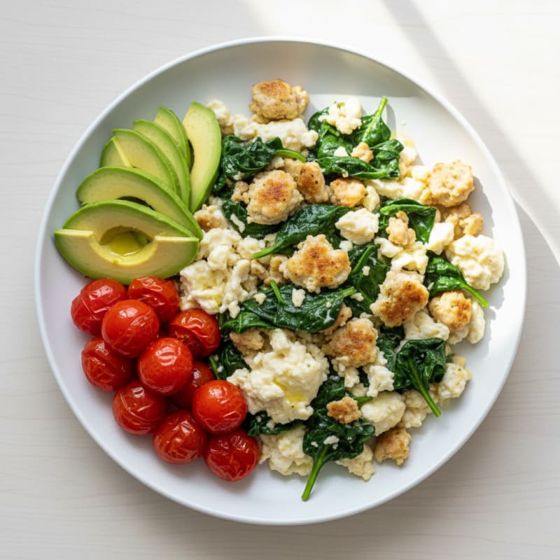 Egg White and Turkey Sausage Scramble with Sautéed Spinach