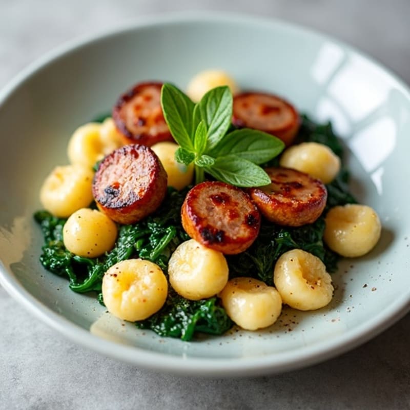 Pillowy Ricotta Gnocchi with Crispy Chicken Sausage and Sautéed Spinach
