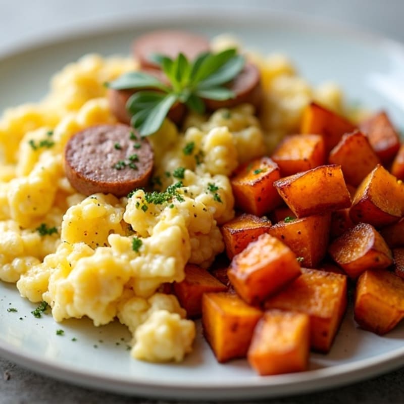 Egg White and Turkey Sausage Scramble with Roasted Sweet Potatoes