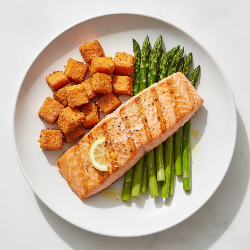 Seared Salmon Fillet with Roasted Sweet Potato and Asparagus