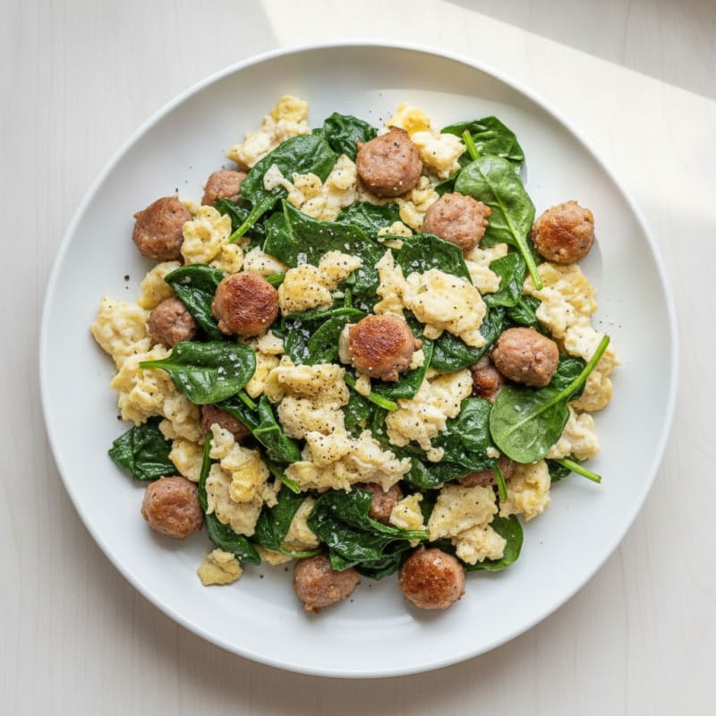Egg White and Turkey Sausage Scramble with Sautéed Spinach