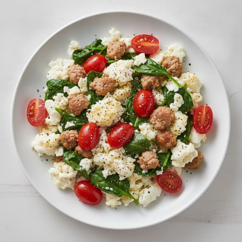 Egg White and Turkey Sausage Scramble with Spinach and Tomatoes