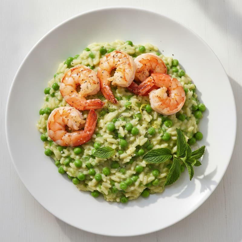 Sweet Pea and Mint Risotto with Sautéed Shrimp