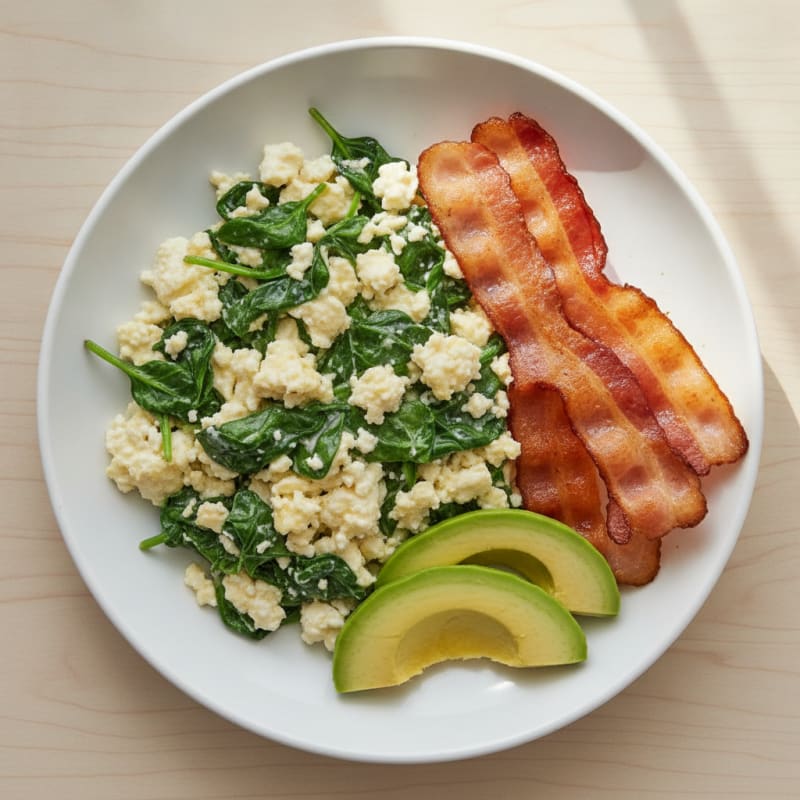 Cottage Cheese Scramble with Spinach and Turkey Bacon