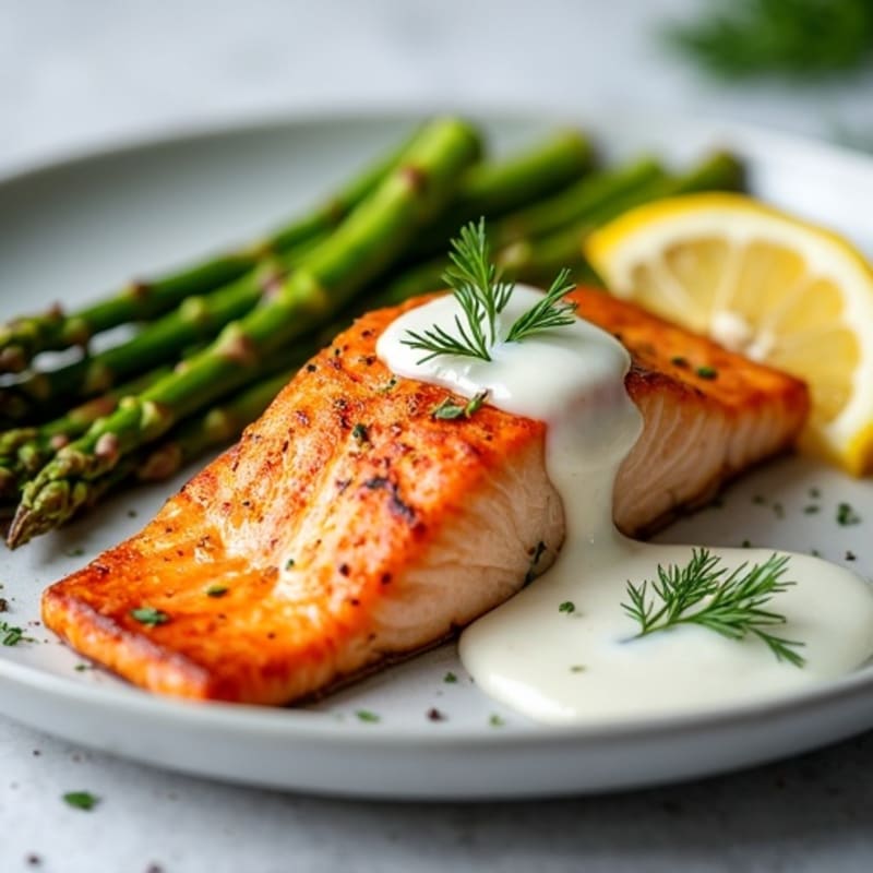 Crispy Pan-Seared Salmon with Roasted Asparagus and Lemon Dill Sauce