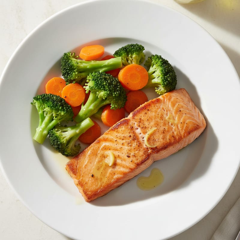 Pan-Seared Salmon with Steamed Broccoli and Carrots