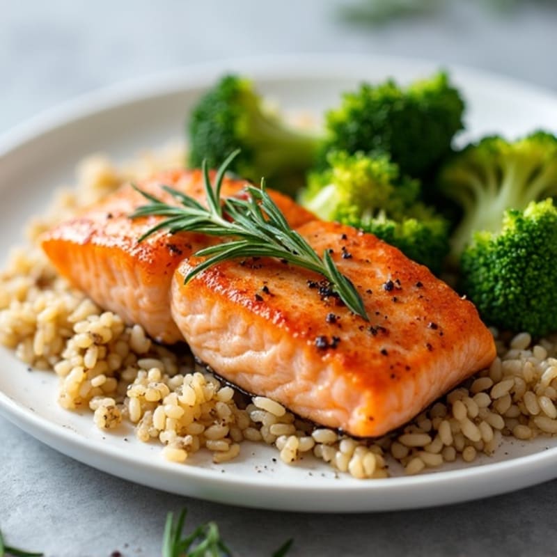 Seared Salmon with Herb-Roasted Broccoli and Brown Rice