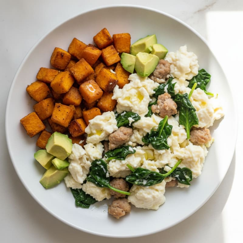 Egg White and Turkey Sausage Scramble with Spinach and Roasted Sweet Potato