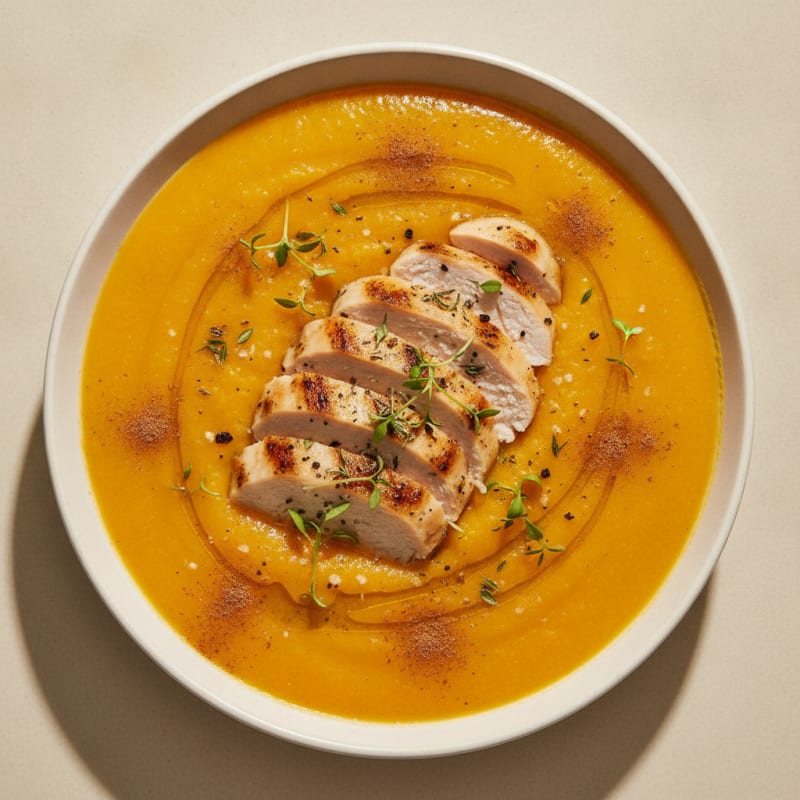 Roasted Butternut Squash and Carrot Soup with Herb Chicken