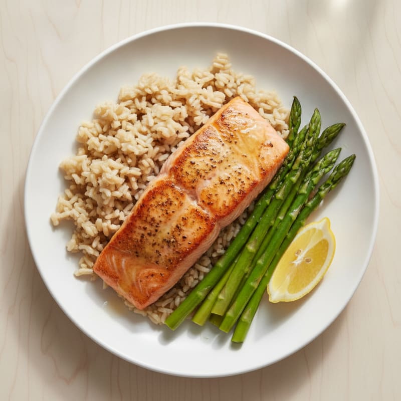 Seared Salmon Fillet with Steamed Asparagus and Brown Rice