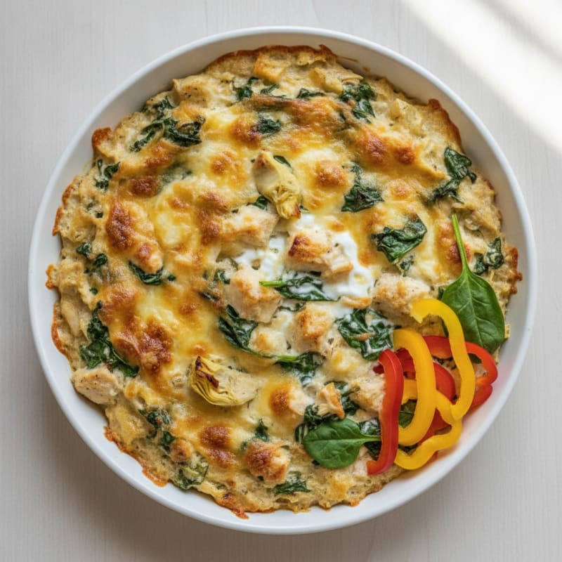 High-Protein Baked Spinach Artichoke Chicken Dip