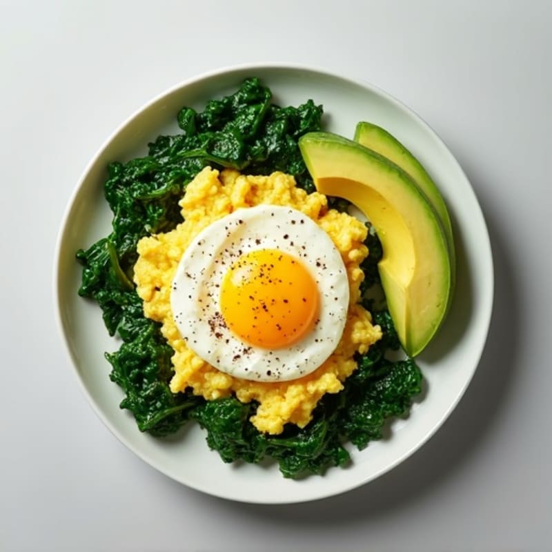 Egg White Scramble with Cottage Cheese, Sautéed Spinach, and Avocado