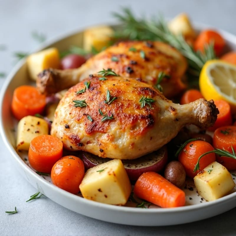 Crispy Lemon Herb Roasted Chicken Thighs with Roasted Root Vegetables