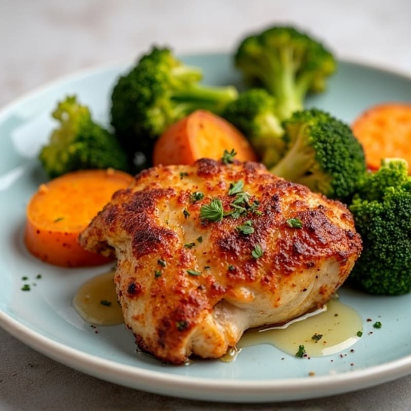 Crispy Baked Chicken Thighs with Roasted Broccoli and Sweet Potato