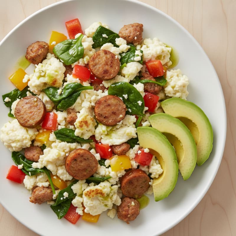 Egg White and Turkey Sausage Scramble with Spinach and Bell Peppers
