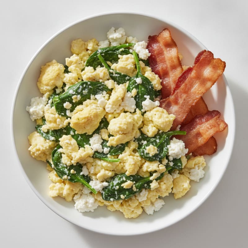 Cottage Cheese Egg Scramble with Spinach and Turkey Bacon